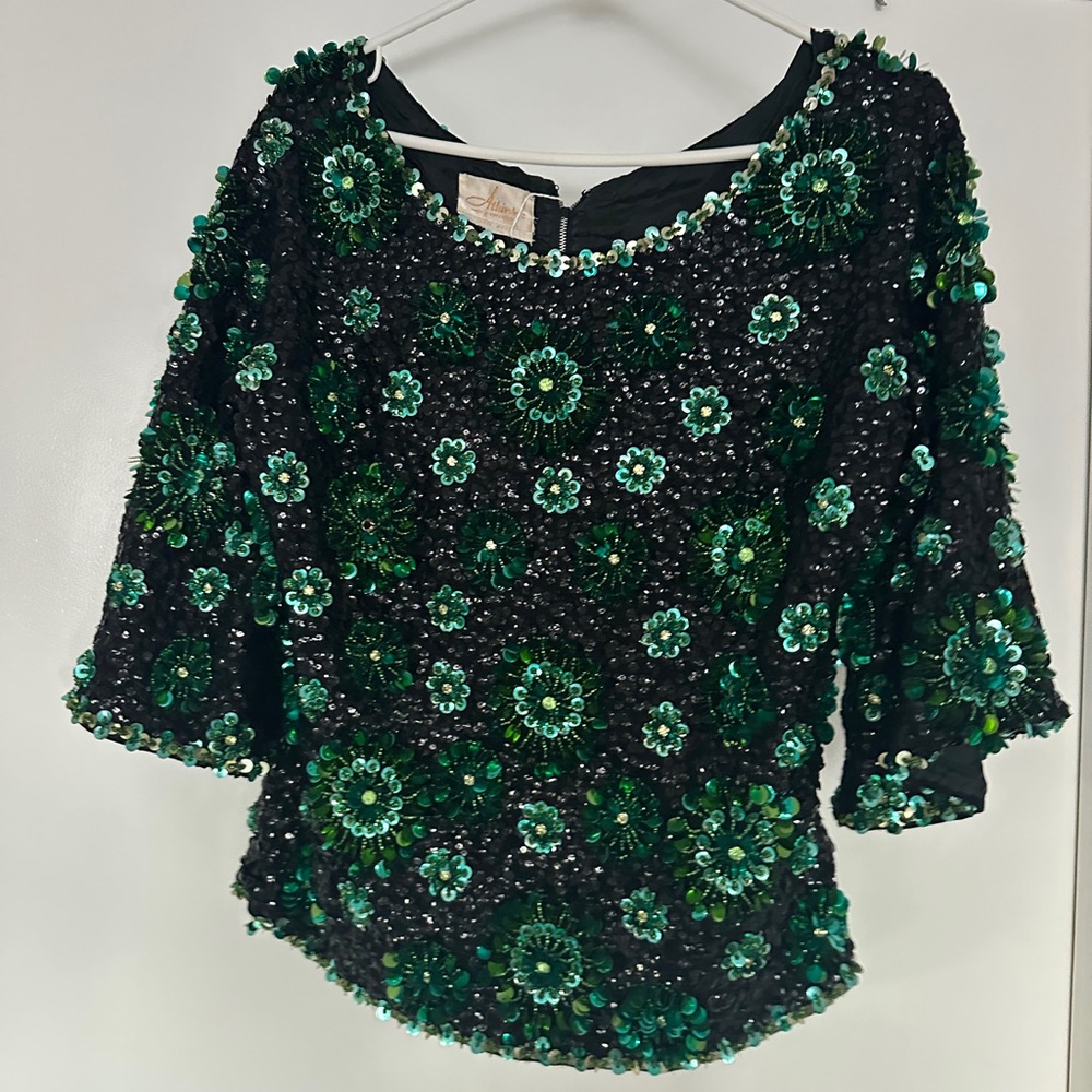 Stunning Vintage Wool Black Top with Detailed Green Sequin Floral Design